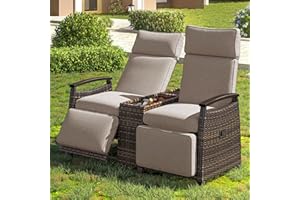 QKFF Patio Recliner Loveseat Chair with Weatherproof Cover, Adjustable Backrest Wicker Outdoor Lounge Chair Set with Built-in Storage Table, Acacia Wood Armrests for Balcony, Porch, Lawn