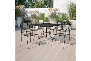 Flash Furniture Oia 5-Piece Commercial Grade Steel Patio Table and Chairs Set, Outdoor Dining Set with Square Table and 4 Round Back Chairs, Black