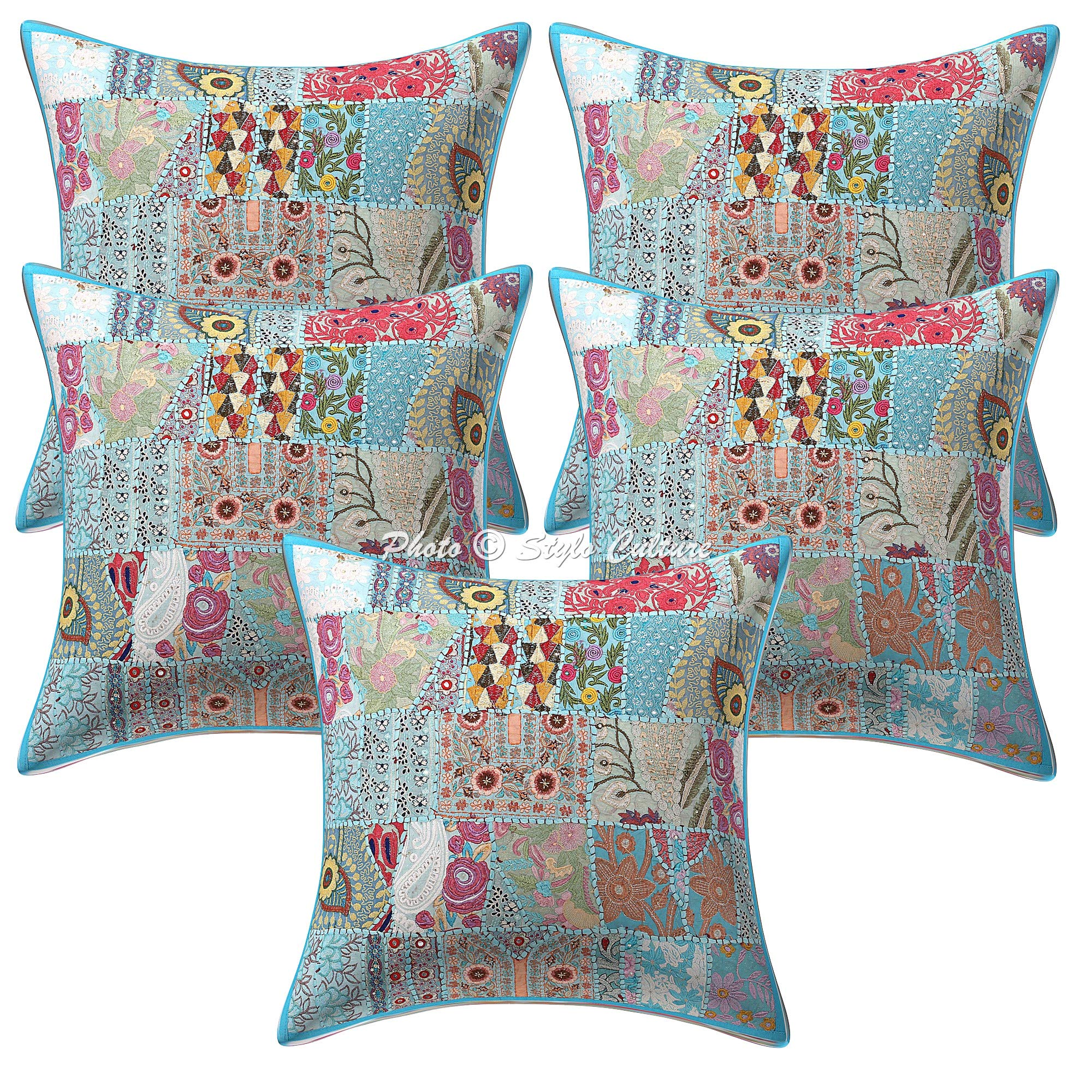 Stylo Culture Ethnic Cotton Decorative Cushion Covers Patch Work 60x60 cm Floral Turquoise Couch Toss Pillow Cushions 24 x 24 Patchwork Home Decor (Set Of 5) Square Cushion Covers