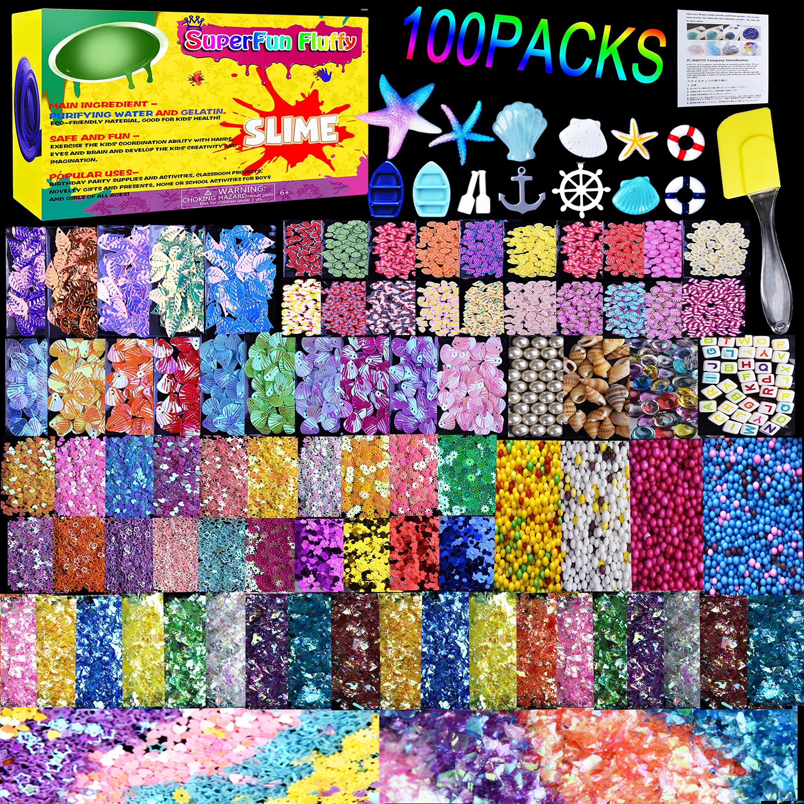 HSETIY Slime Supplies Kit, 100 Pack Slime Stuff Charms Include Floam Balls, Cake Flower Fruit Slices, Fishbowl Beads, Shell, Slime Accessories