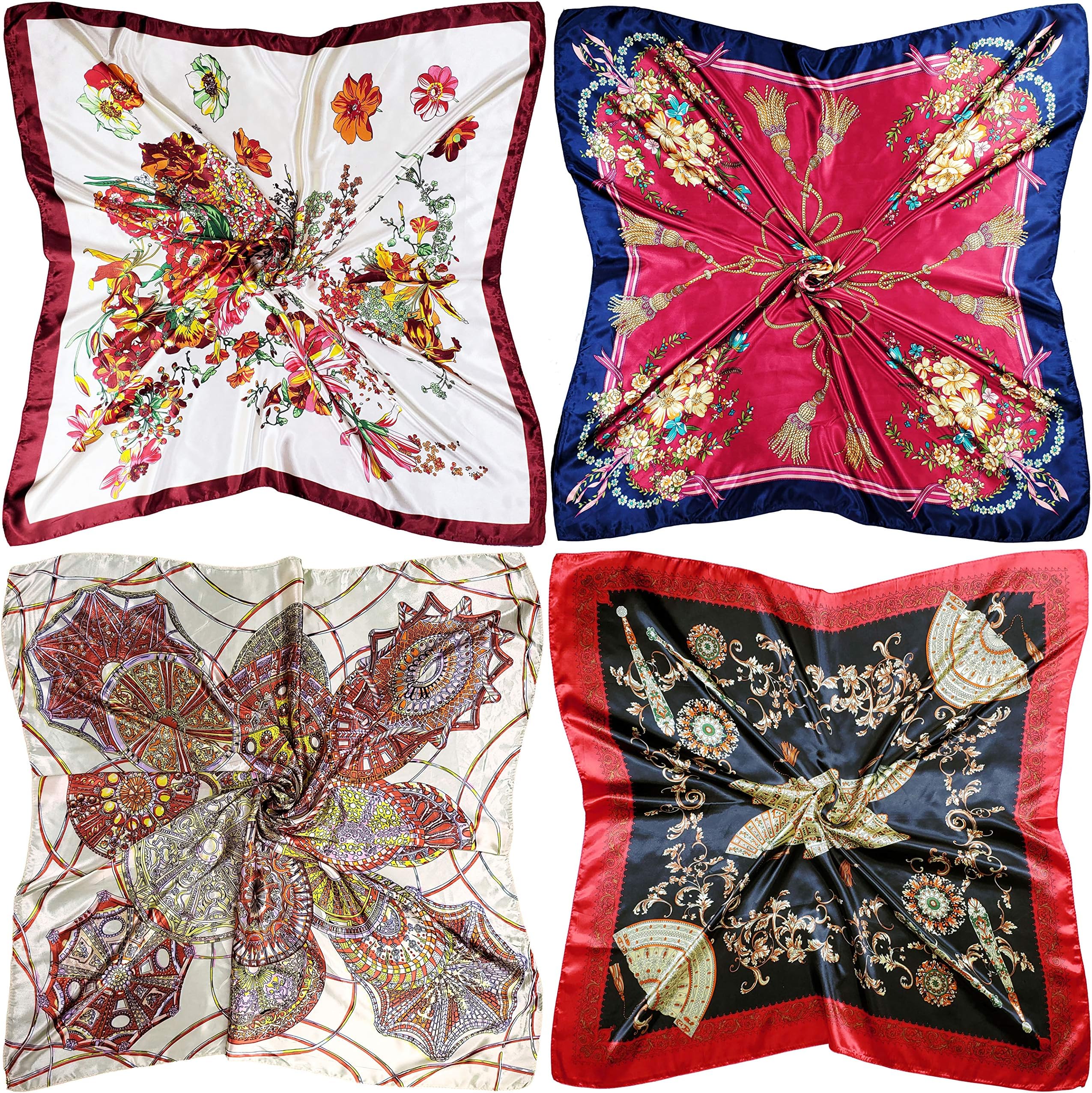4 Pc Set Large 35 x 35 inches Satin Square Scarves Neck Hair Head Scarf Bundle