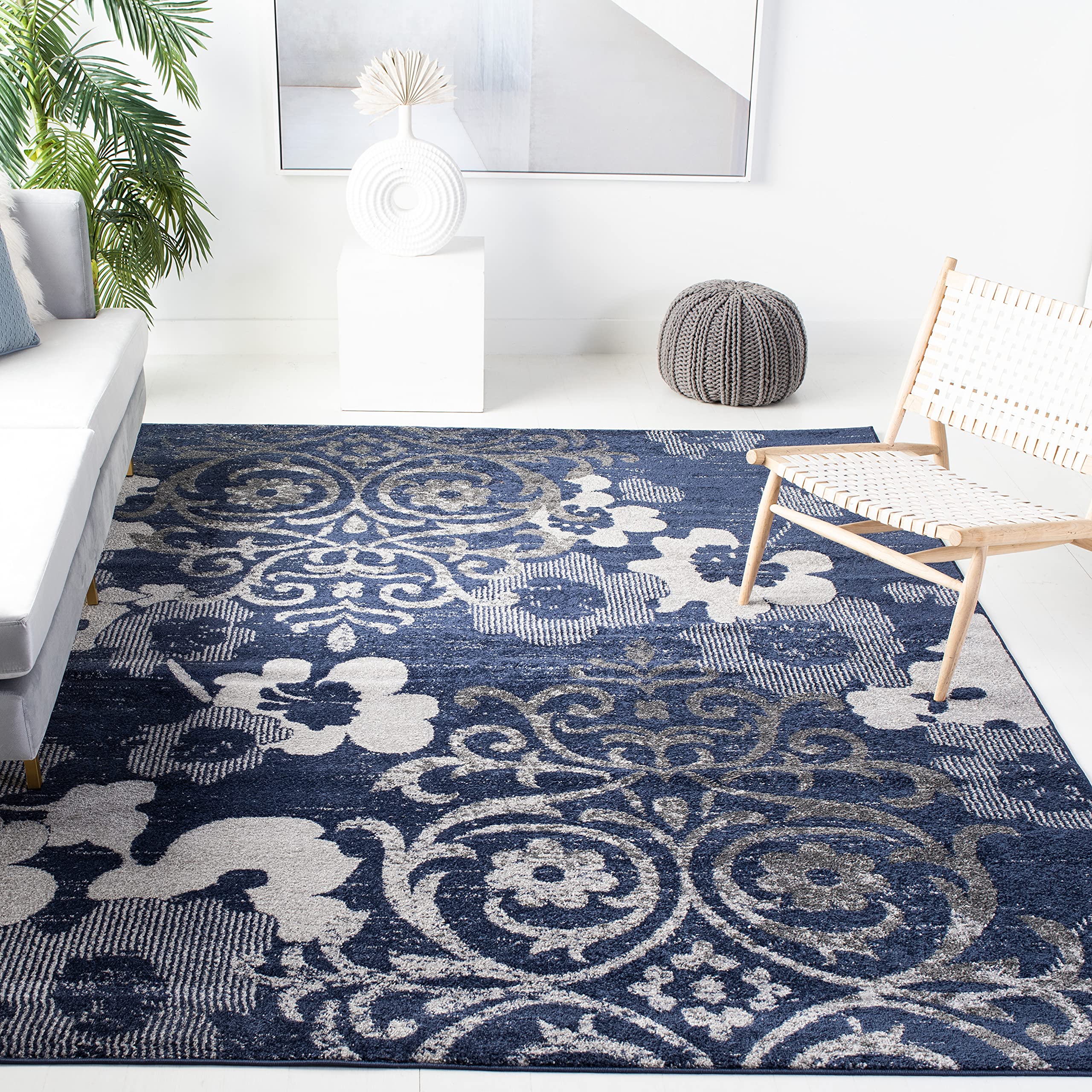 SAFAVIEH Adirondack Collection Area Rug - 9' x 12', Navy & Silver, Floral Glam Damask Distressed Design, Non-Shedding & Easy Care, Ideal for High Traffic Areas in Living Room, Bedroom (ADR114N) Image