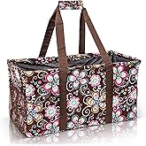 Lucazzi Extra Large Utility Tote Bag - Oversized Collapsible Reusable Wire Frame Rectangular Canvas Basket With Two Exterior Pockets For Beach, Pool, Laundry, Car Trunk, Storage - Brown Daisy