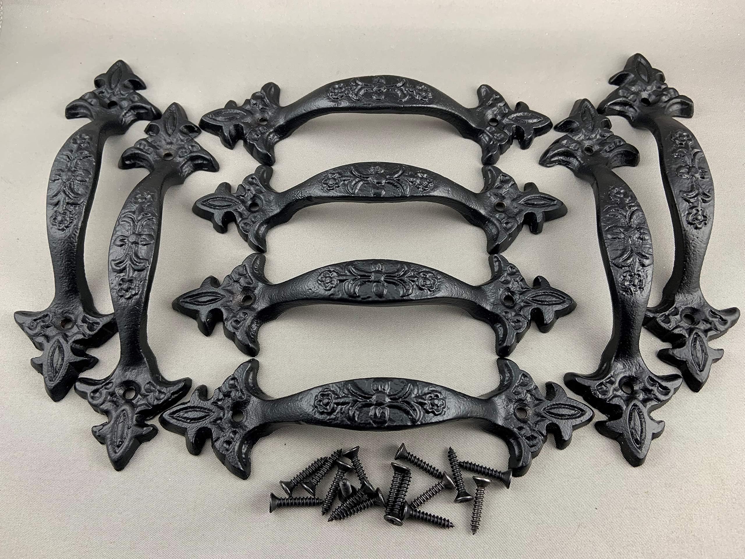 BI01DT033-BLP_8 - Large Fancy Antique (Barn/Gate/Drawer) Pull Handle - Screws Included (Black Powder Coat, Set of 8pcs)