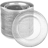 Ilyapa 100 Pack 7 Inch Disposable Dessert Plates, Plastic Clear Party Plate Sets for 100 Guests, Clear Appetizer and Cake Plates 7", Party & Dinner Accessories, Silver Glitter