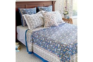 Saffron Marigold Queen Summer Bedspread - Lightweight 100% Blue Cotton, Hand Block Printed Floral Bedding Comforter for Your Bedroom Decor Enchanted - Blue 90x90 inches