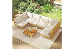 Outsunny 7 Piece Wicker Patio Furniture Set, Modular Outdoor Sectional with Thickened Cushions, Rattan Outdoor Furniture Conversation Set with Slatted Acacia Wood Table for Backyard, Khaki/Beige