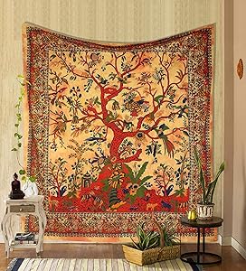 THE ART BOX Tapestry Yellow and Orange Tree of Life Wall Hanging Psychedelic Tapestries Indian Cotton Twin Bedspread Picnic Sheet Wall Decor Blanket Wall Art Hippie Bedroom Décor (Full, 85x90 Inch)