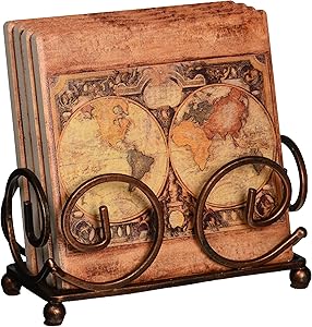 Thirstystone Occasions Stoneware Drink Coasters with Holder, Includes Old World Map