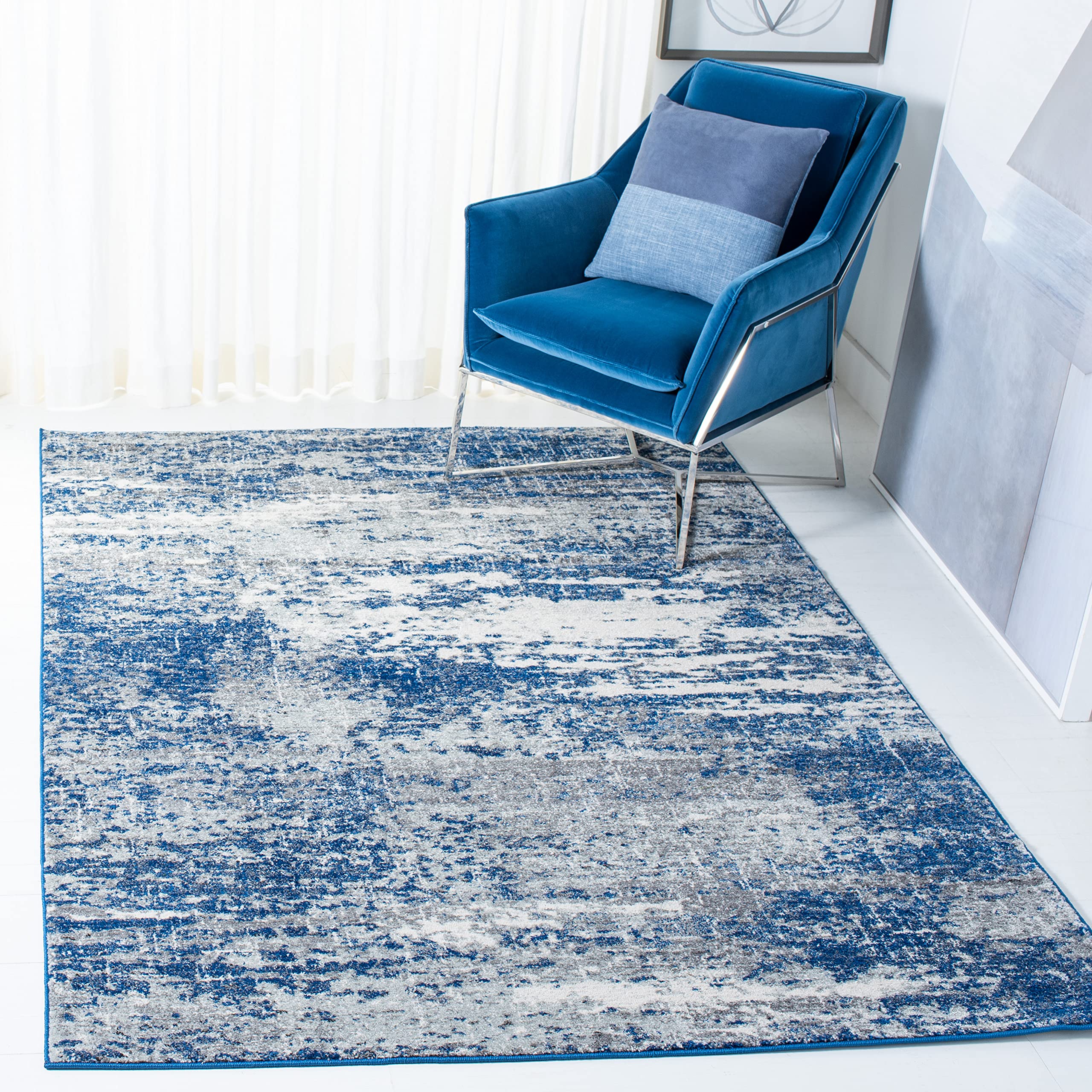 SAFAVIEH Evoke Collection Area Rug - 6'7" x 9', Dark Blue & Grey, Modern Abstract Design, Non-Shedding & Easy Care, Ideal for High Traffic Areas in Living Room, Bedroom (EVK272L) Image