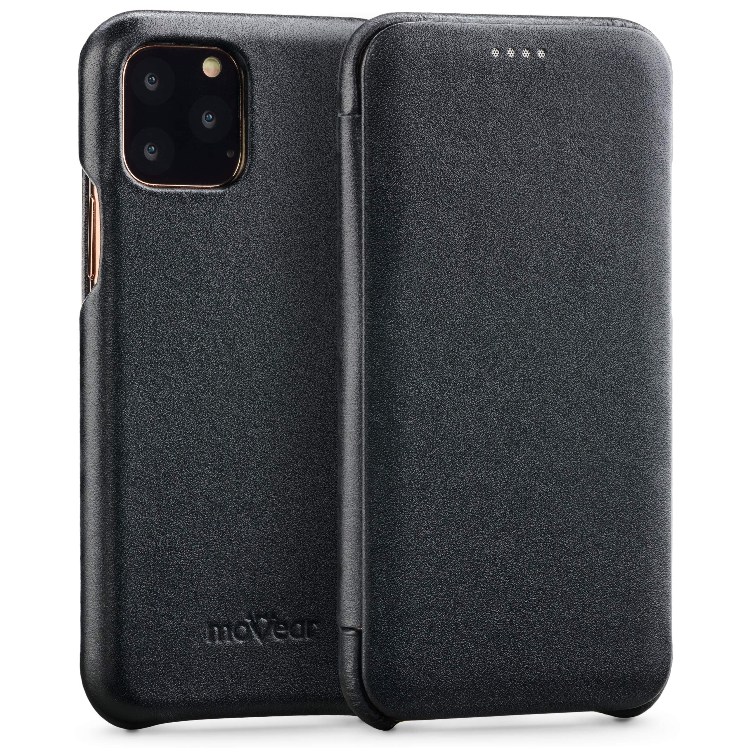 moVear Flipside S Classic Leather Mobile Phone Case, Compatible with iPhone 11 [6.1 Inches], with Magnet to Close the Flap, Smooth Black, Elegant and Stylish, Handmade