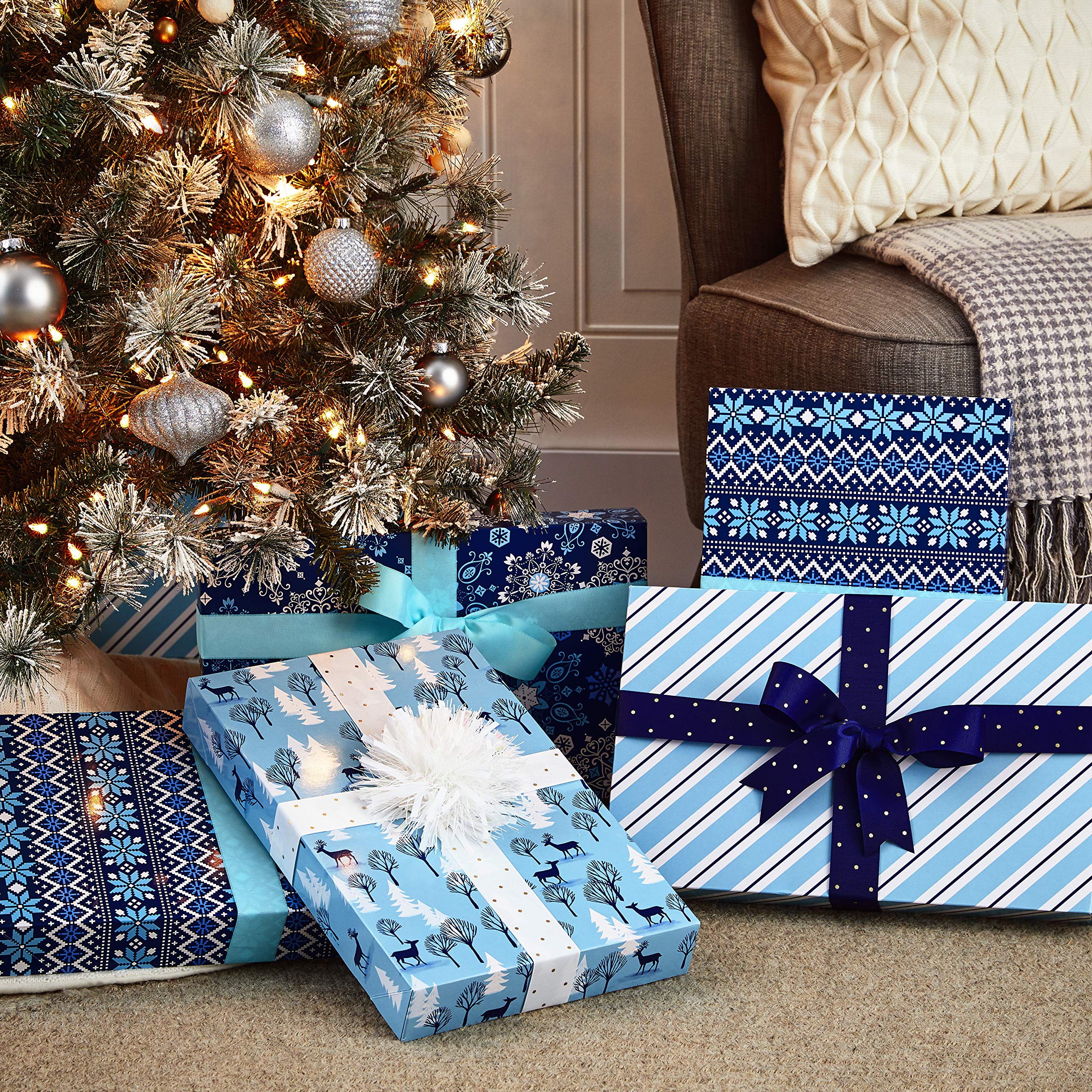 Hallmark Medium Holiday Gift Boxes with Lids (12 Shirt Boxes, 4 Designs: Snowflakes, Stripes, Sweater Pattern, Reindeer) for Christmas, Hanukkah, Holiday Parties, Hostess Gifts