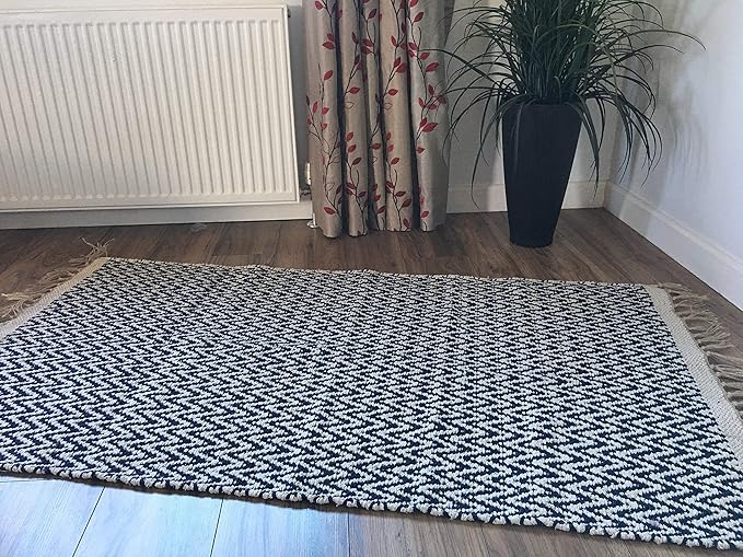 Second Nature Online Navy Blue Natural Herringbone Cotton Yarn Rug 90cm