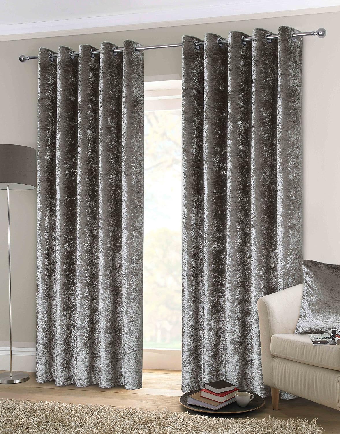 Rapport CRUSHC-6672-SILV Crushed Velvet Lined Eyelet Curtains, Silver, 66 x 72-Inch, W 66" x L 72" (1 Panels)