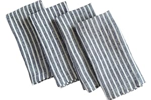 EIGHT OWLS Linen Napkins – 100% French Flax – Stonewashed Pure Linen Cloth Napkins – Mitered Corners – Set of 4 (Navy Blue/White Stripe)
