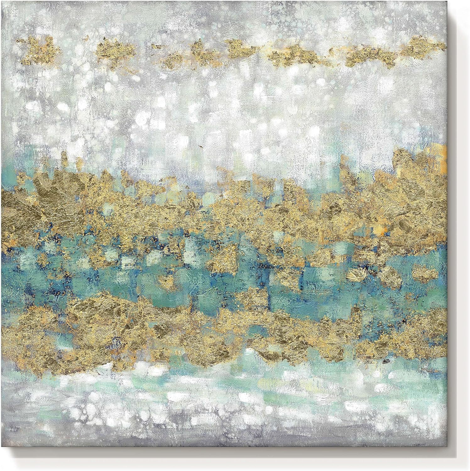 Paintings - cozy country Abstract Canvas Wall Art Decor: Teal Grey Picture Contemporary Gold Foil Prints Artwork Luxury Textured Oil Painting Hand Painted for Living Room Bedroom Home