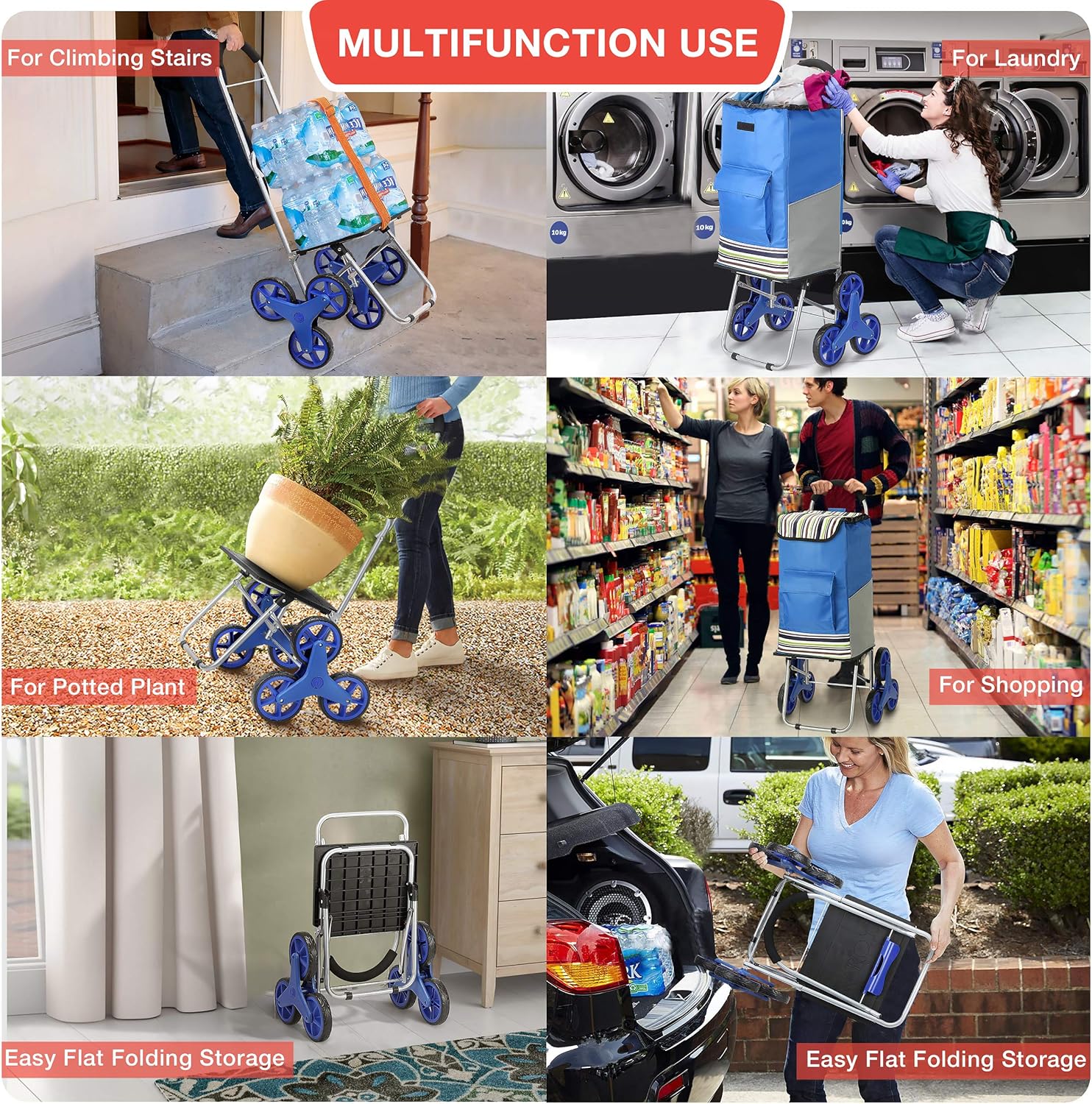 Shopping Cart, Super Loading Stair Climber Cart 220 lbs Capacity Grocery Foldable Cart with Extra Large Shopping Bag Laundry Utility Cart with Adjustable Bungee Cord: Kitchen & Dining
