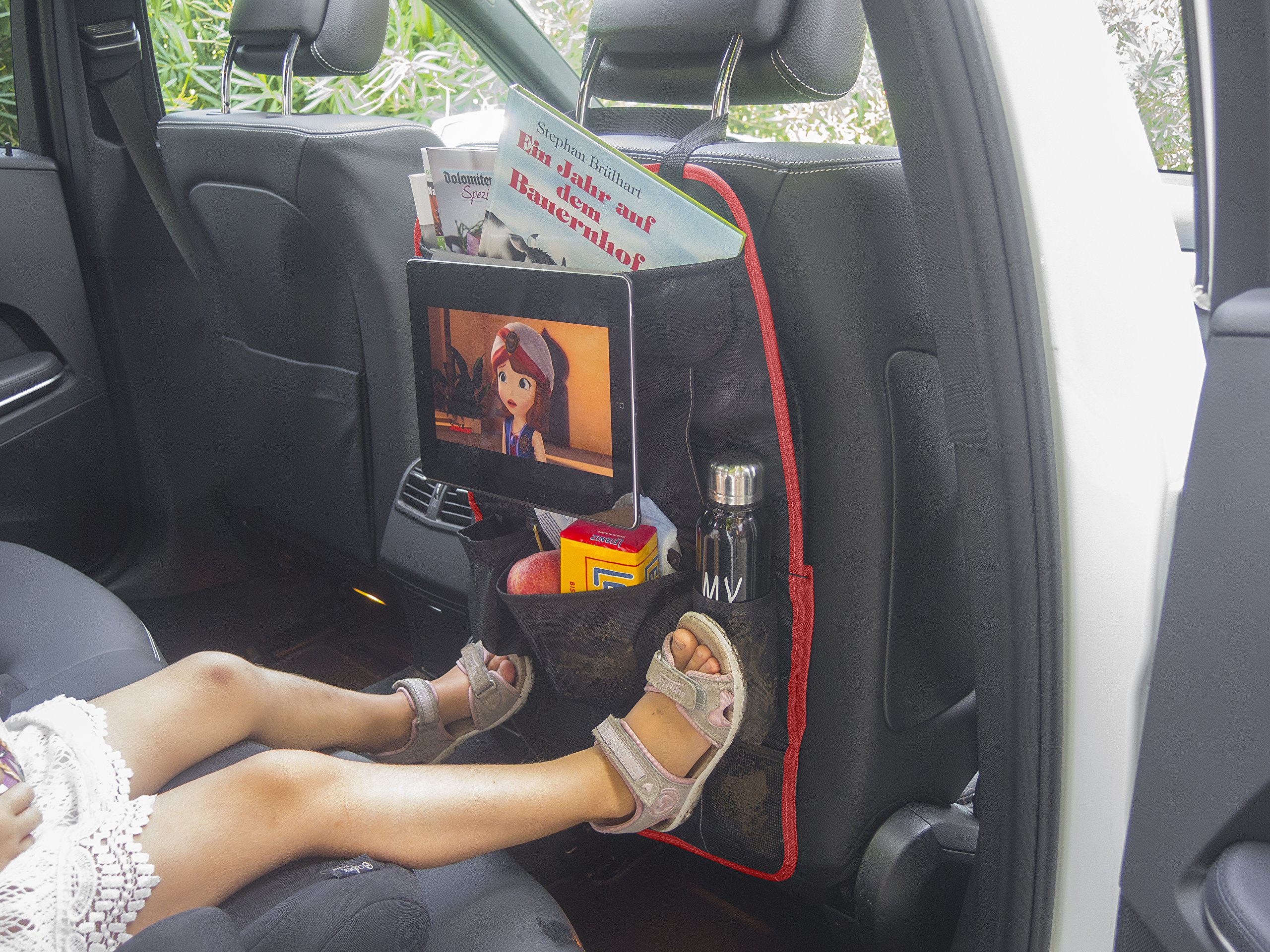 Protector asiento coche | organizador multi-bolsillos | MYCARCADDY TO GO | kick mat para ninos | evita arañazos y daños en el respaldo del asiento | con bolsillo para I-PAD tablet | NEGRO/ROJO