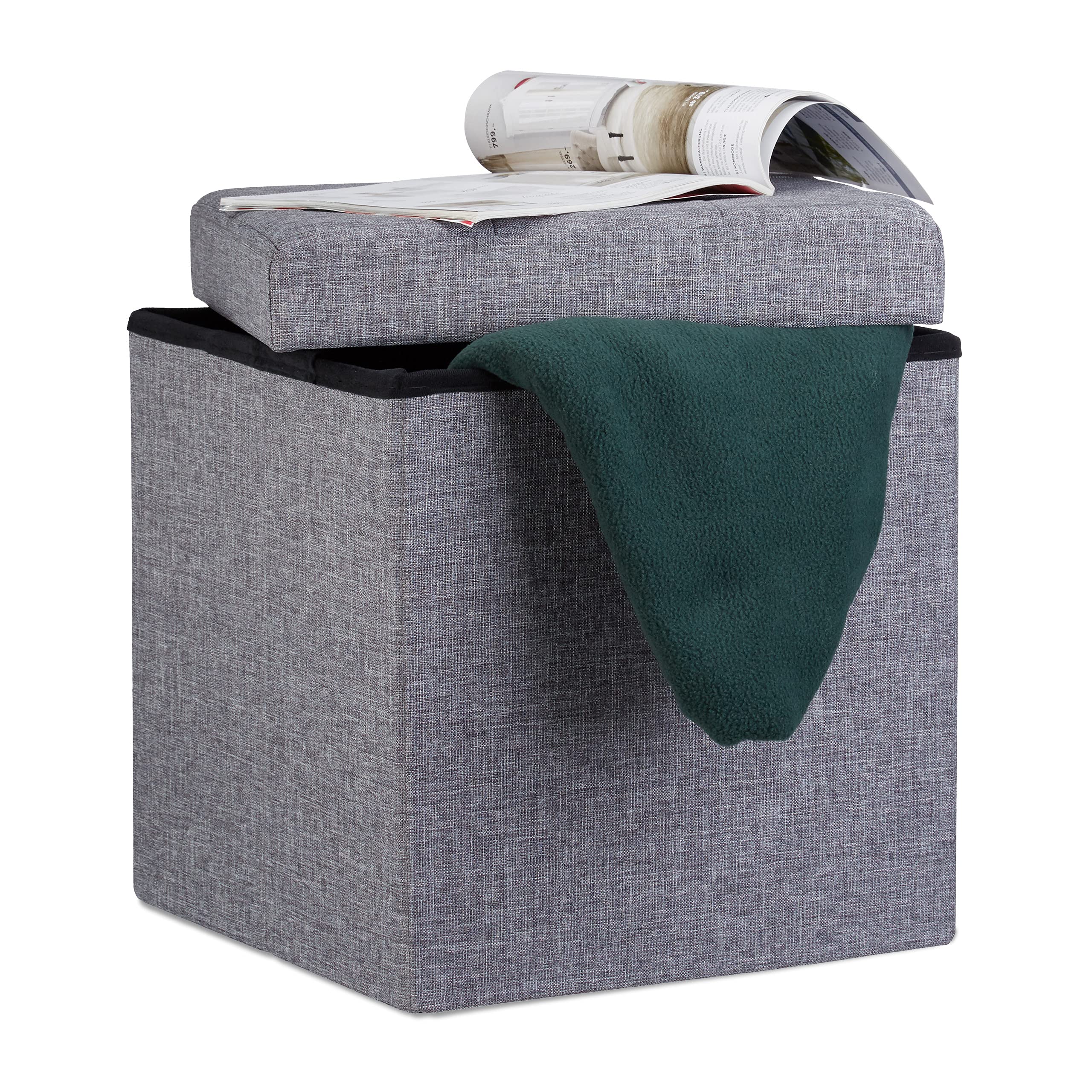 Relaxdays Folding Ottoman 38 x 38 x 38 cm Storage Chair, Footstool Pouf Box Cube, Removable Lid, Dark Grey