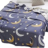 J-pinno Bright Moon Stars Muslin Blanket Reversible 100% Cotton 6 Layer Quilt Bed Blanket Soft Warm Throw Sofa Couch Toddler Kids Cartoon Travel Coverlet Sheet (Stars, Twin 58" X 80")