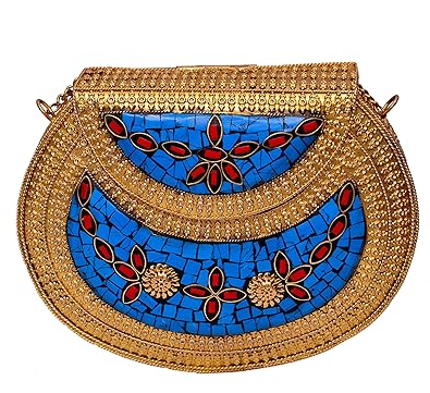 Blue Fancy Brass Metallic Party Clutch Purse with Colorful Mosaic Stonework for Weddings, Evening Party