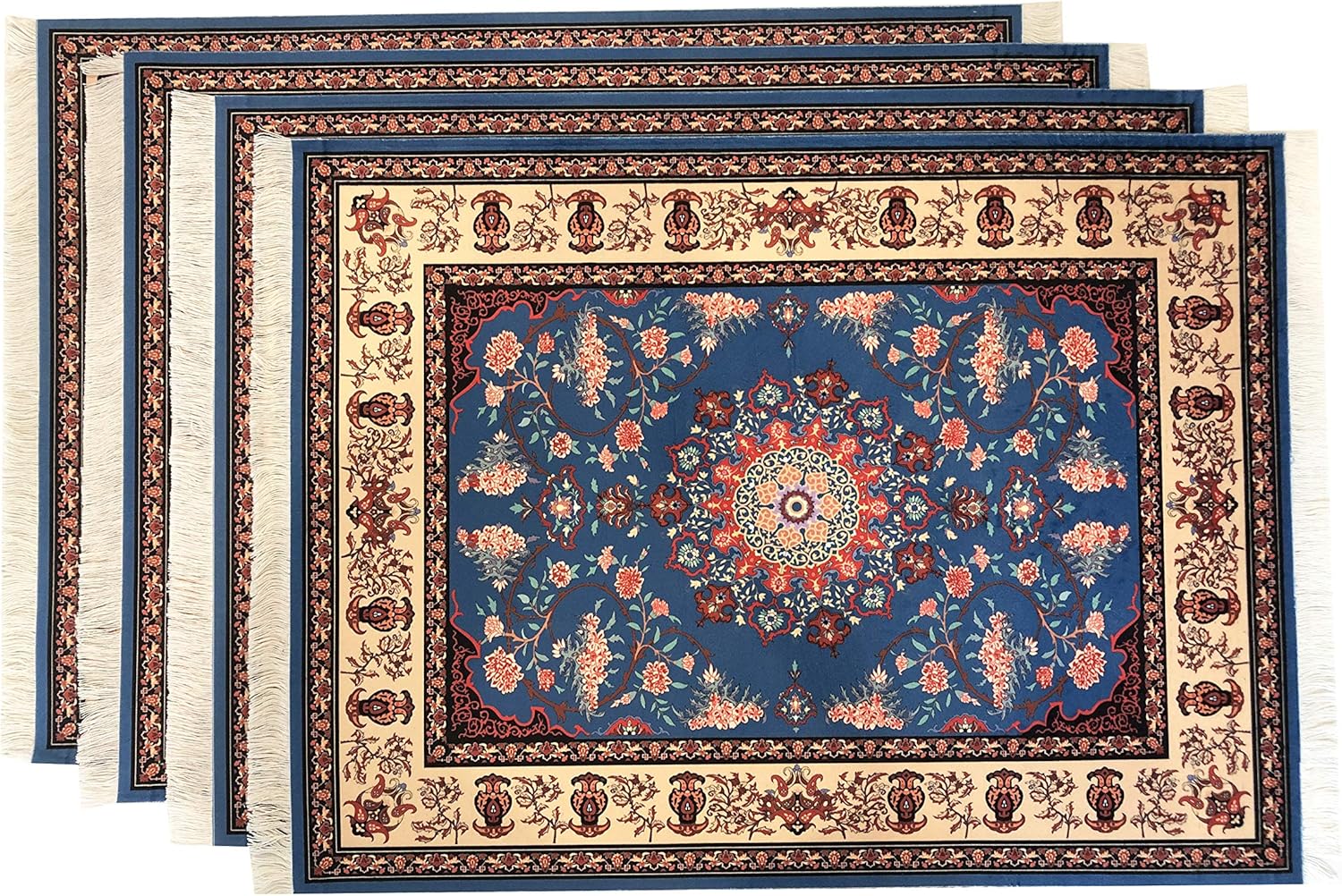 Inusitus Oriental Rug Place Mats – Set of 4 Table Mats with Fringes - Miniature Carpet Design Table Setting placemats - Stunning Dining Table Décor for Home, Kitchen & Bars (Blue)