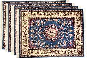 Inusitus Oriental Rug Place Mats – Set of 4 Table Mats with Fringes - Miniature Carpet Design Table Setting placemats - Stunning Dining Table Décor for Home, Kitchen & Bars (Blue)