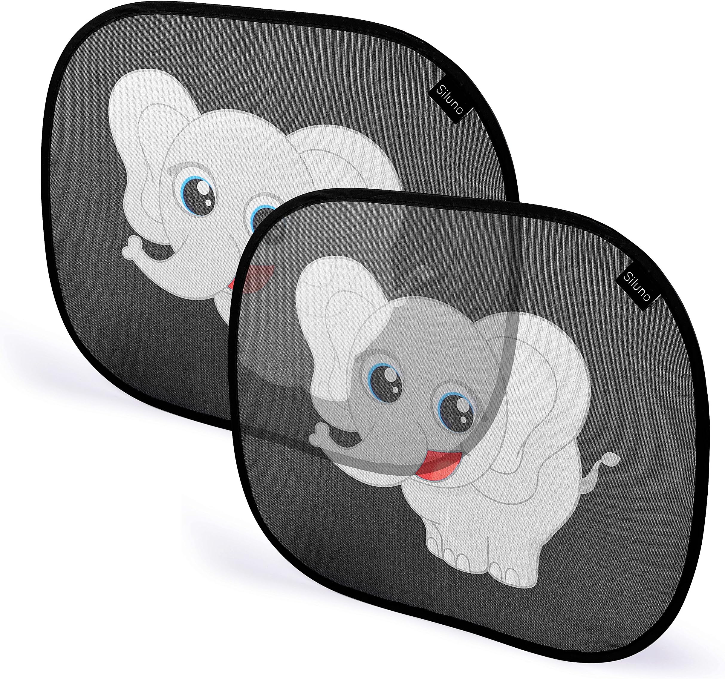 Siluno Elephant Design Protective Sun Shade for Car Side Window Car Sun Protector with Suction Cups for Children Baby Adults Roof Window Sun Visor Black UV - with 2 Year