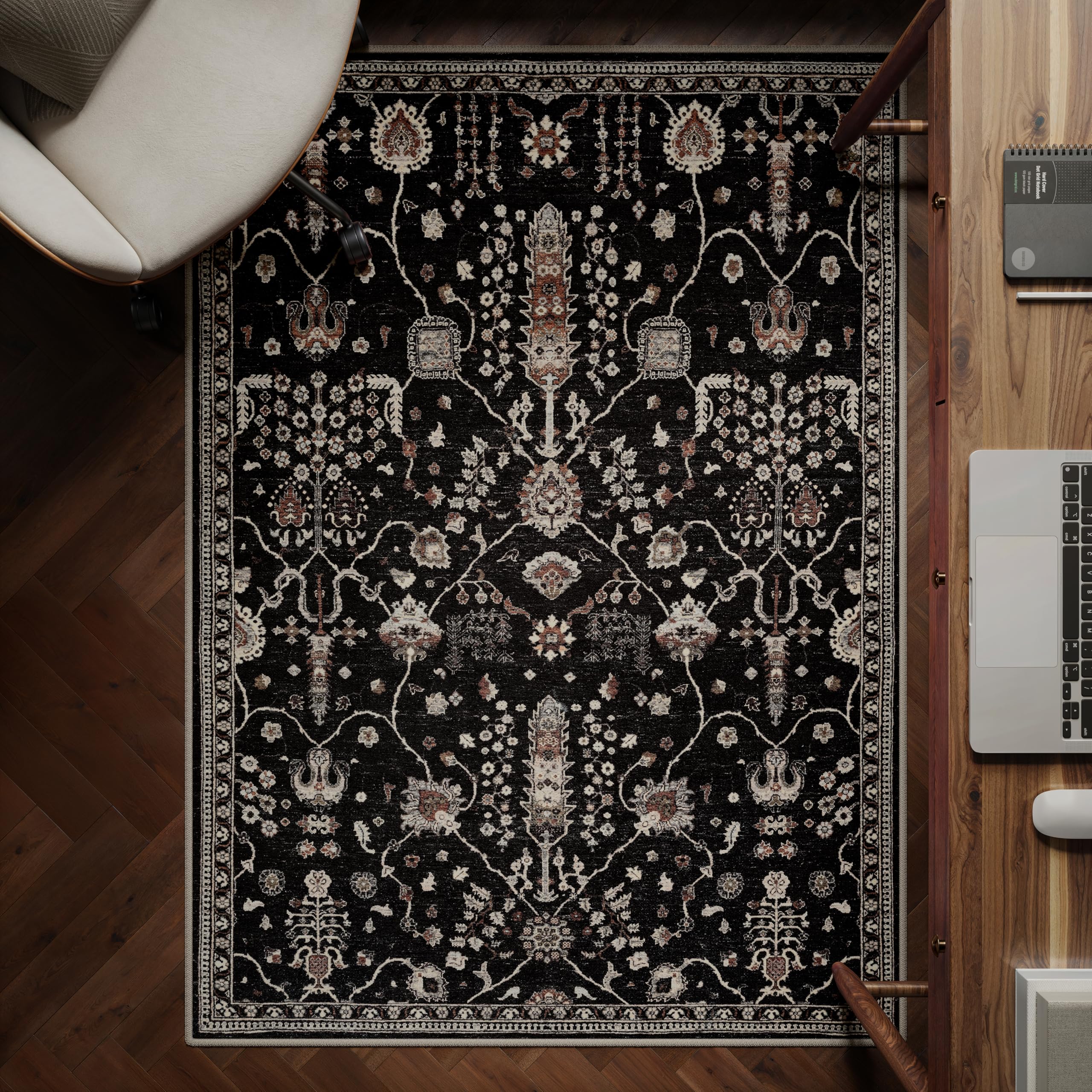 artyrugs Machine Washable Rug, 122x170cm, 75% Recycled Cotton, Short Pile, Non-Slip Backing, Non-Shedding, Suitable for Living Room, Bedroom, Kitchen, Hallway, Office, Night Black