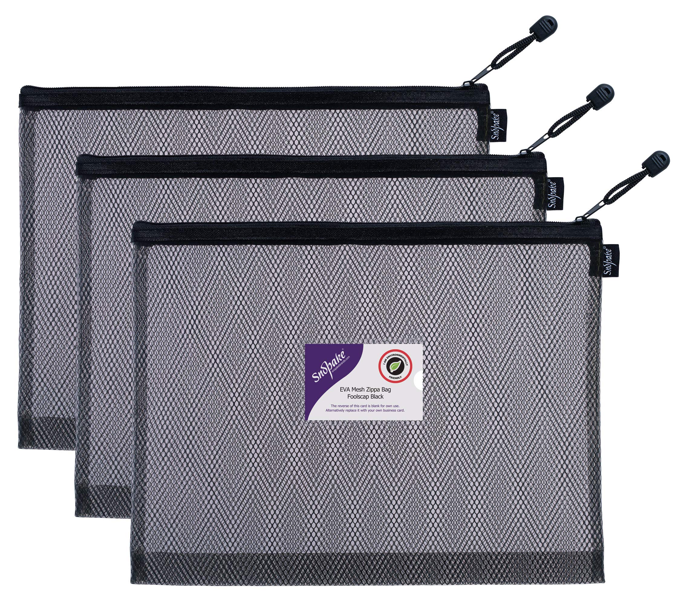 Snopake Foolscap High Capacity Black EVA Mesh Zippa-Bag [Pack of 3] 362 x 275mm – Heavy Duty Bag with Hanging Loop and Business Card Holder [15881]