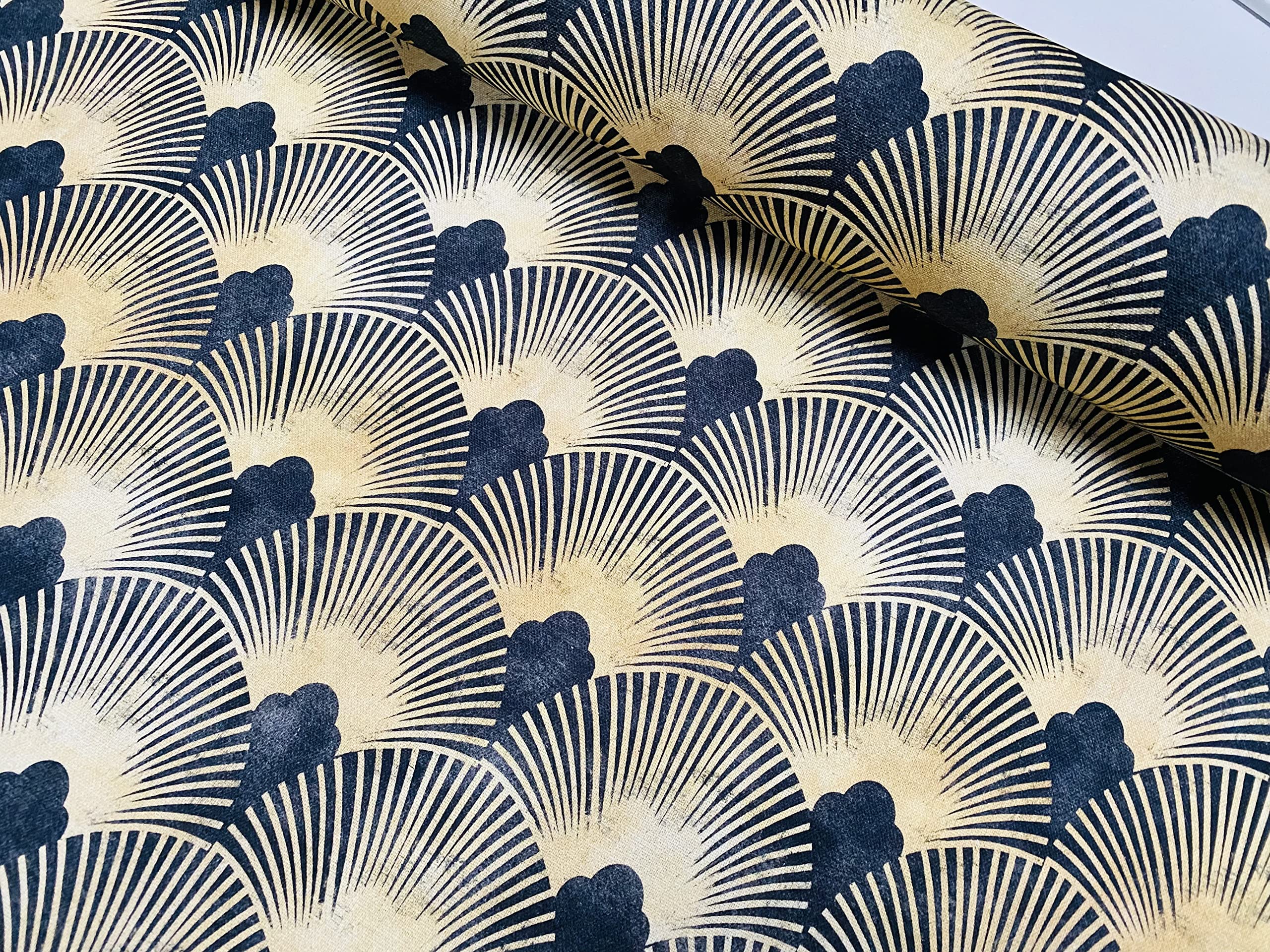 Generic Art Deco Geometric Damask Floral Fan Fabric Fountain Leaf - Curtain Upholstery Home Decor - 140cm Wide - Gold & Black (2 Metres)