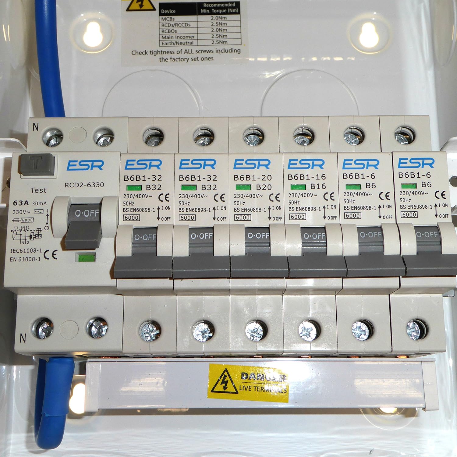 Metal 6 Way Consumer Unit With 63 Amp 30mA RCD Trip Switch And 6x MCB
