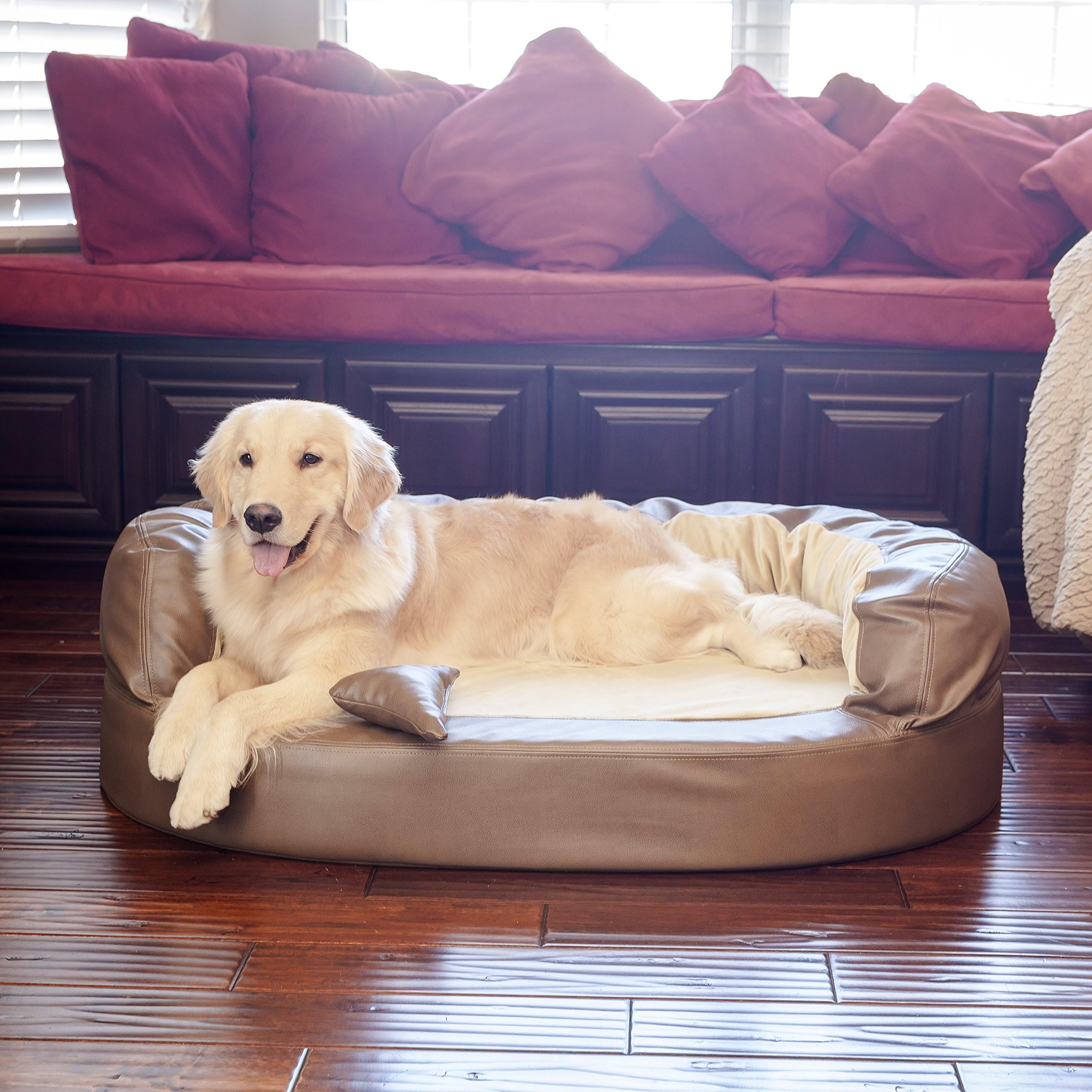 Integrity Bedding Luxury Orthopedic Memory Foam Leatherette Bolster Dog Pet Bed Bark & Toffee Extra Large