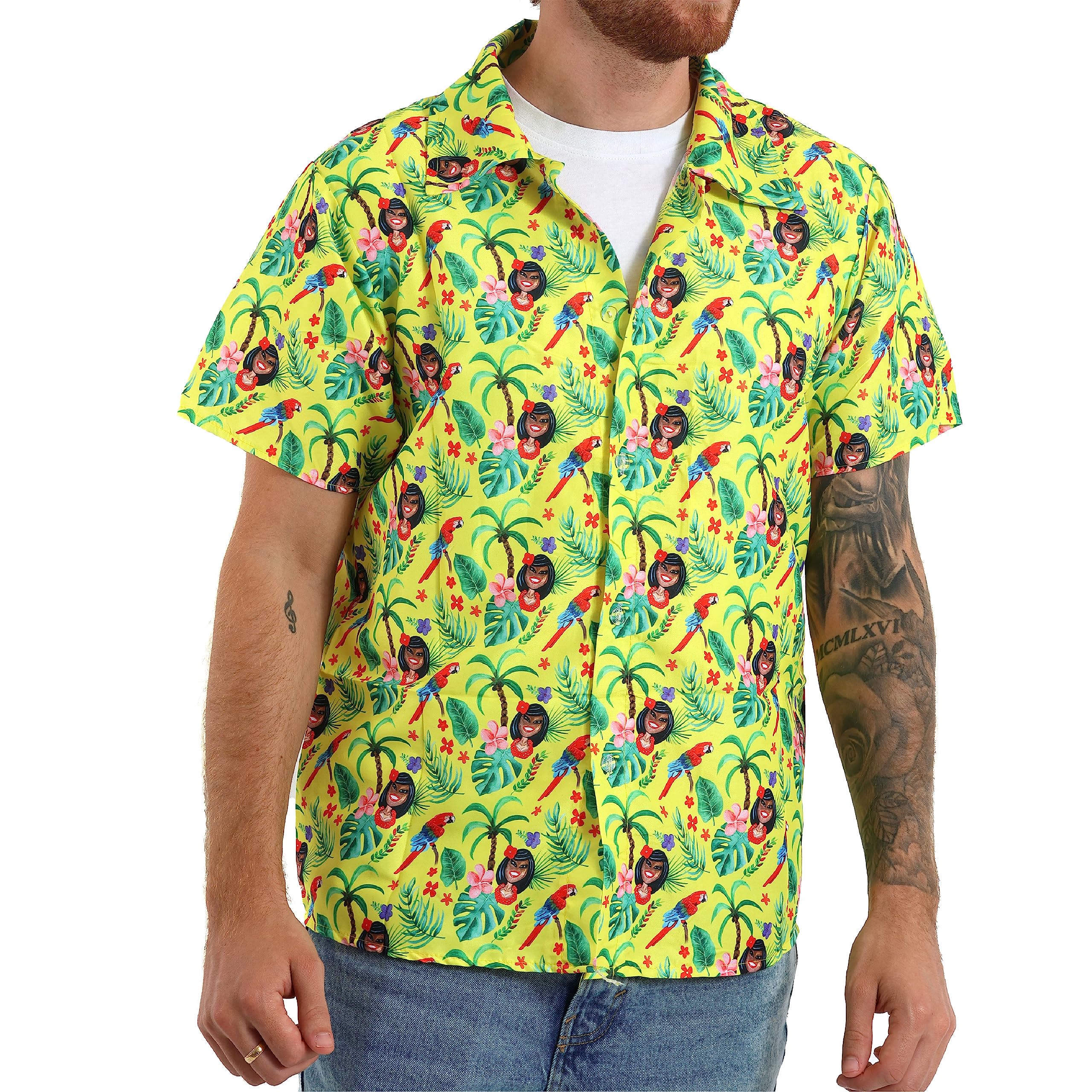 Mens Hawaiian Shirt Yellow - XLarge - Yellow Hawaii Tropical Short Sleeve Shirt - Fancy Dress - Summer Beach Party Wear