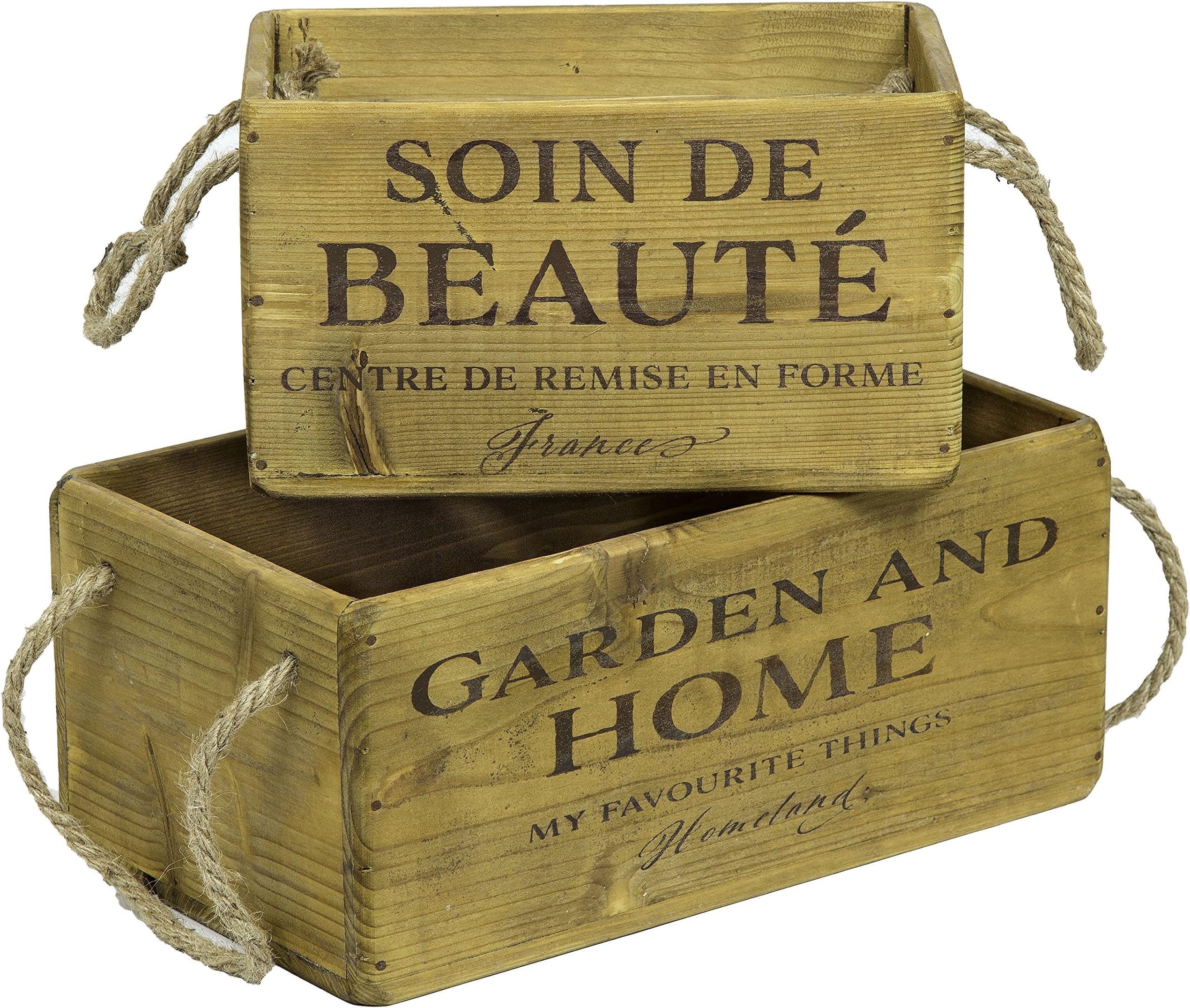 Set Of 2 Wooden box with inscription Linen handle Vintage Deco crates Wine boxes Storage box Key box