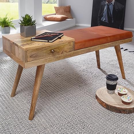 FineBuy Sitzbank SILAM Ziegenleder/Massivholz Bank 100 x 52 x 38 cm im Retro Stil | Flur Polsterbank mit Stauraum | Gepolster