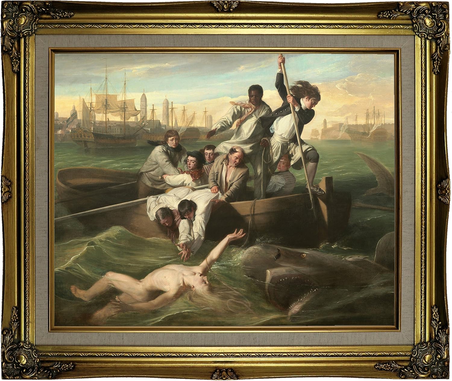 Historic Art Gallery Watson and The Shark 1778 by John Singleton Copley Framed Canvas Print, 16" x 20", Ornate Gold Lined