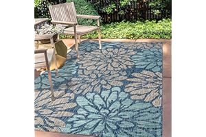 JONATHAN Y SMB110C-9 Zinnia Modern Floral Textured Weave Indoor Outdoor Area-Rug Bohemian Coastal Easy-Cleaning Bedroom Kitchen Backyard Patio Non Shedding, 9 X 12, Navy/Aqua