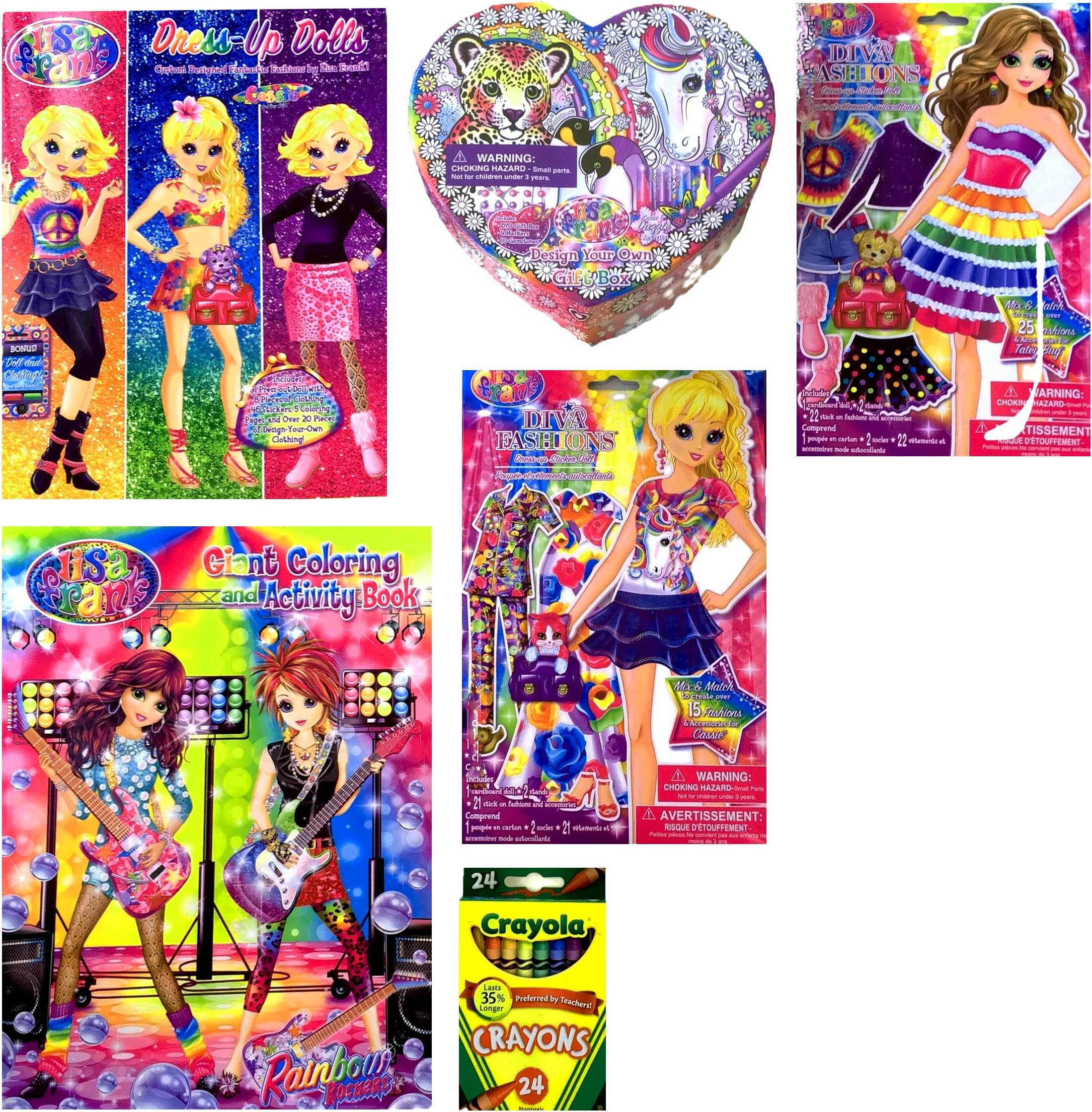Lisa Frank Fun Gift Bundle #2- 6 Pieces including Giant Coloring and Activity Book, Dress-up Dolls, Diva Fashions, Stickers, Design Your Own Gift Box and Crayons!!