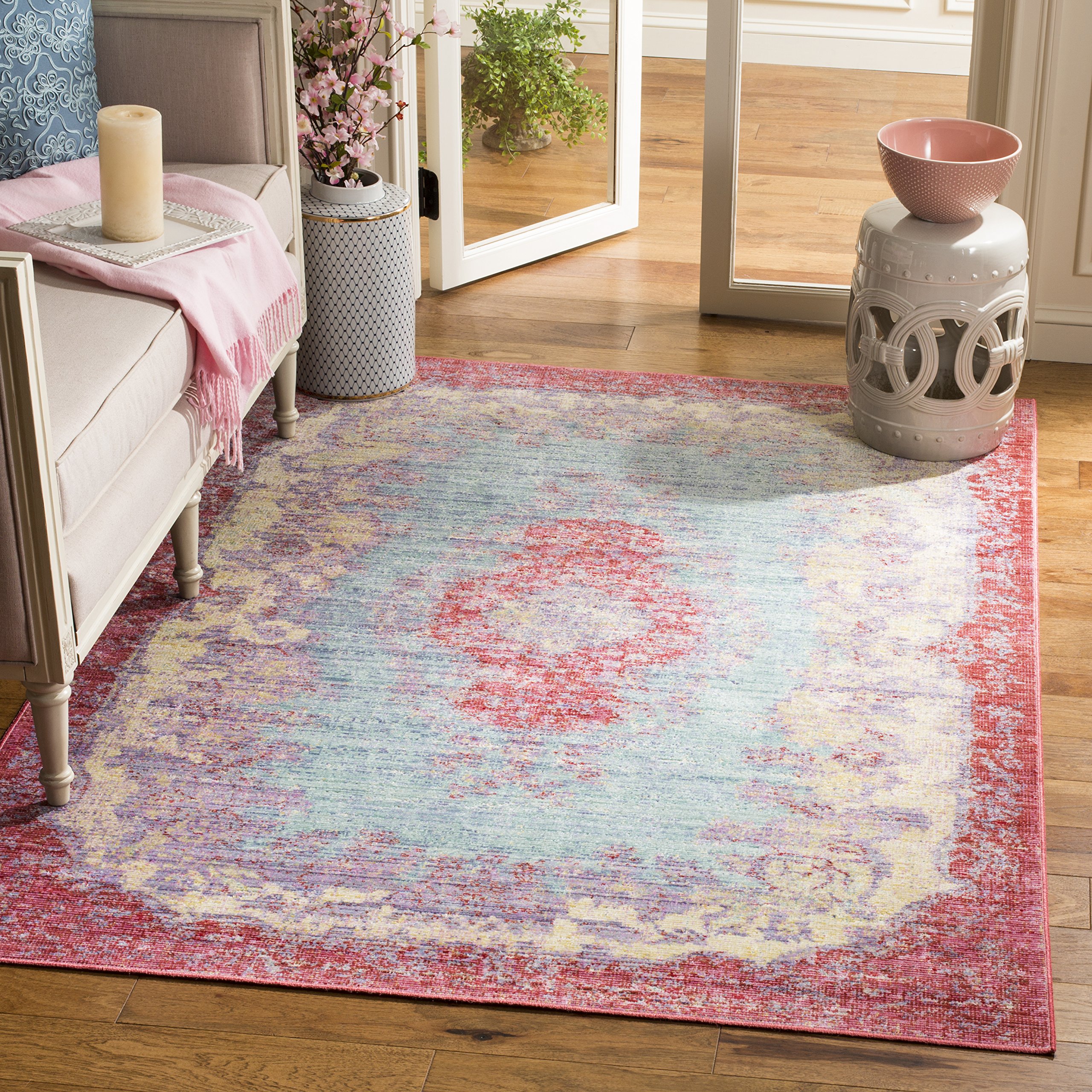 Safavieh Boho Chic Indoor Woven Rectangle Area Rug, Windsor Collection, WDS305, in Light Blue / Fuchsia, 91 X 152 cm for Living Room, Bedroom or Any Indoor Space