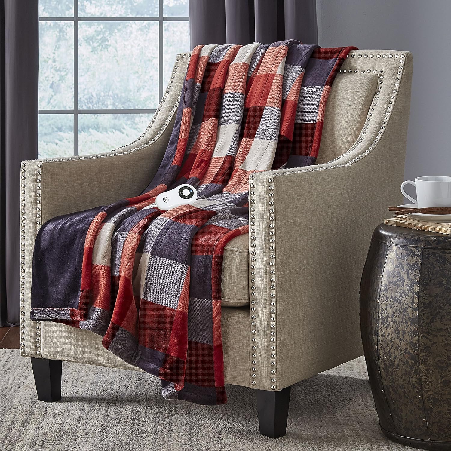 Serta Heated Electric Silky Plush Printed throw with 5 setting controller Buffalo Check/Red Model 0917: Home & Kitchen