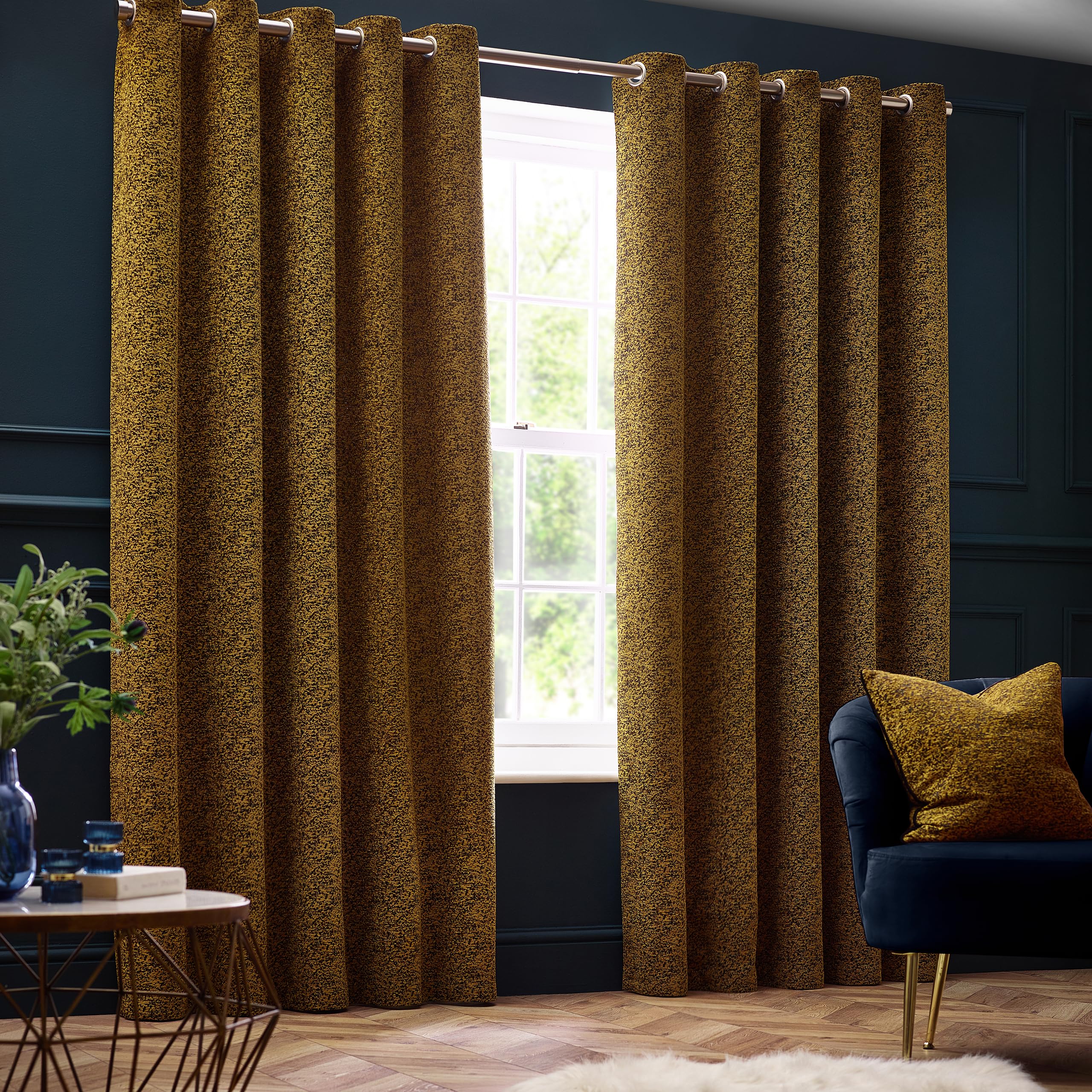 Paoletti Galaxy Eyelet Curtain Pair – Lined Room Darkening Luxury Opulent Chenille Curtains (Gold - 229x183cm) — image 1