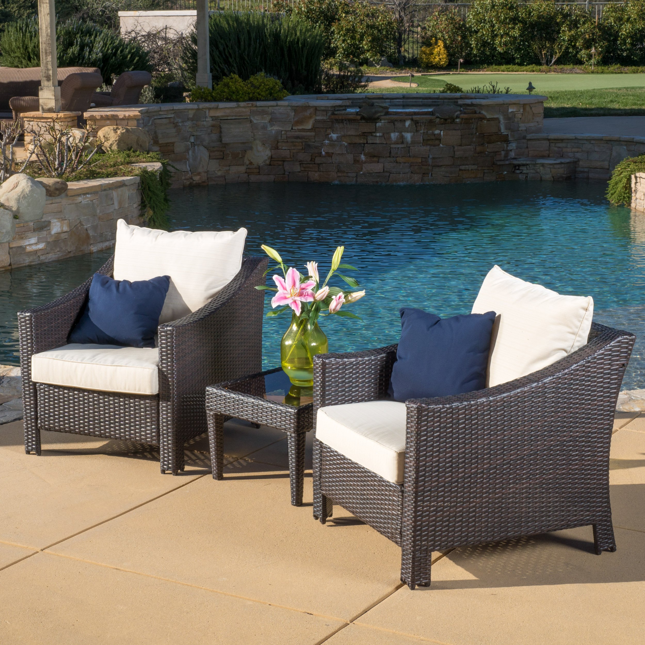 Great Deal Furniture Jones Outdoor 3-Piece Brown Wicker Bistro Set with Cushions