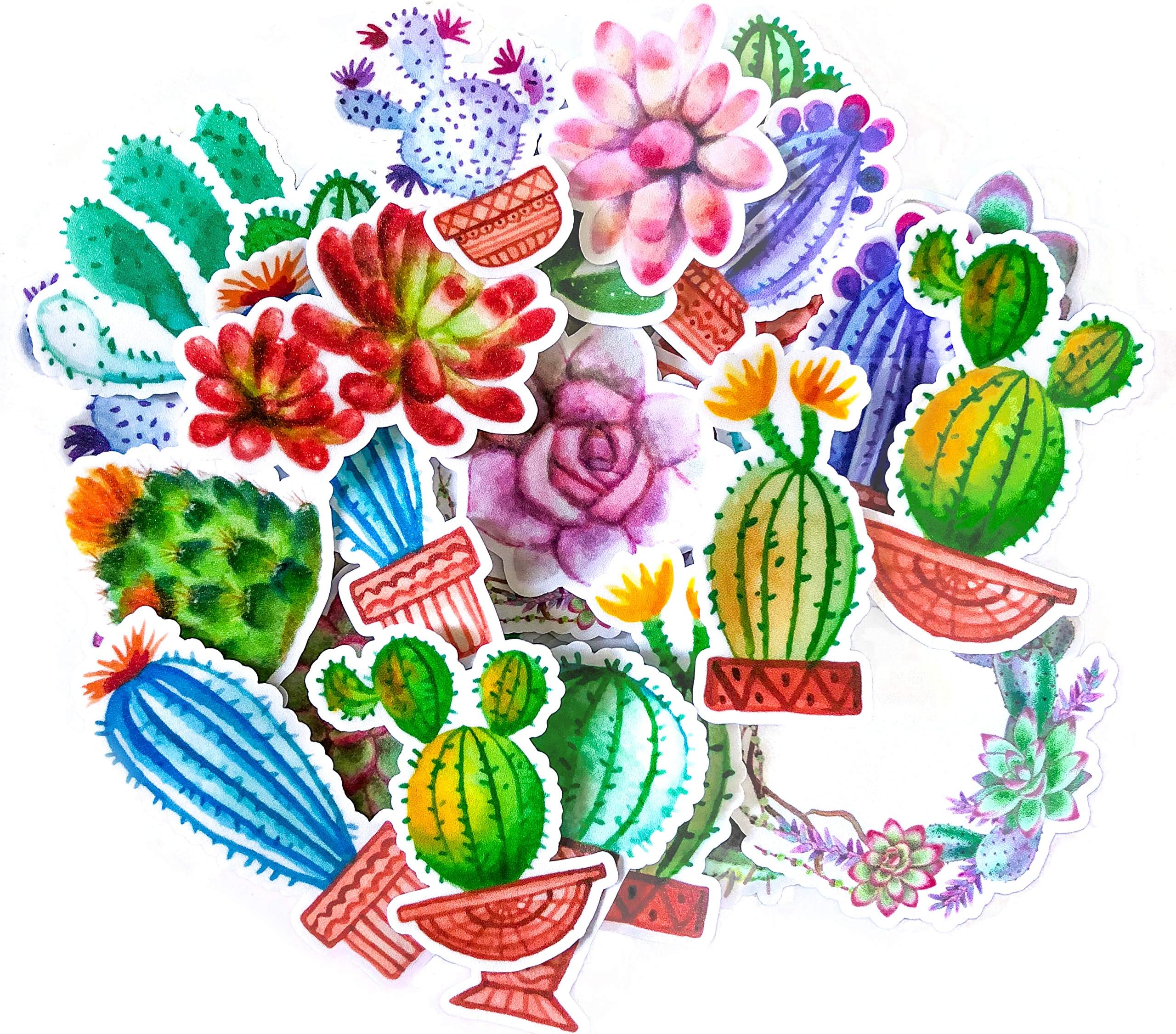 Navy Peony Colorful Cactus Stickers Pack | Cute Waterproof Stickers for Laptops, Skateboards, and Phones | Cool Stickers for Scrapbooks, Planners and Journals (31 Pieces)