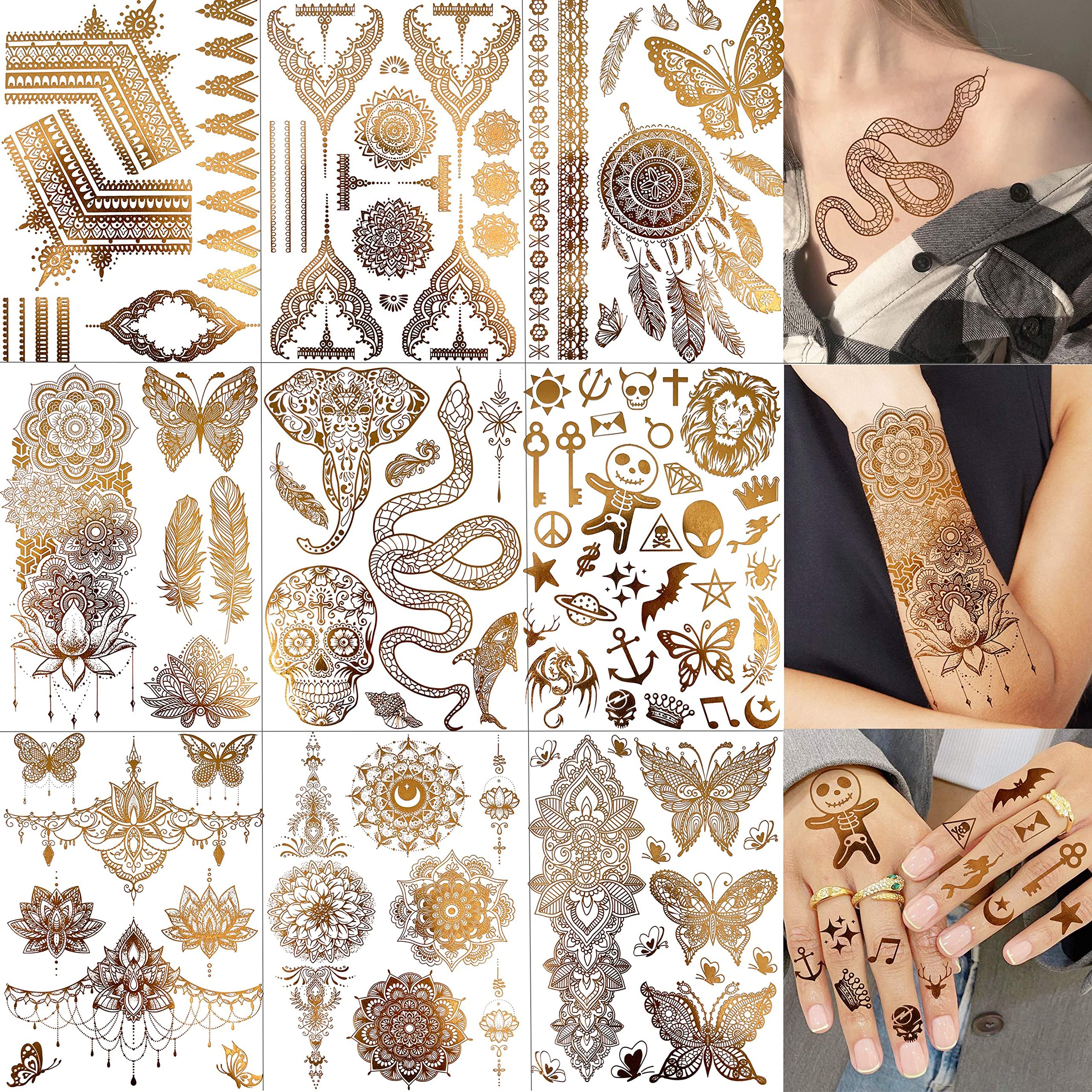 LAROI 9 Sheets 95+ PCS Flash Gold Temporary Tattoos For Women Hands Girl, Bohemia Fake Metallic Tattoo Stickers Butterfly Elephant Snake Lotus, Golden Glitter Tattoo Skull Mandala Flower Dreamcatcher