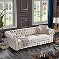 N NOORDENIYA Chesterfield Sofa, 89" Mid Century Modern Couch with Low Back, Roll Arm Nailhead Trim Classic 3 Seater Couch for Living Room, Office, Apartment, Linen Beige