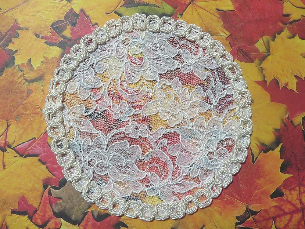 Handmade cream lace doily head cover with open weave trim