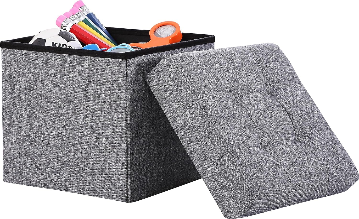 Ornavo Home Foldable Tufted Linen Storage Ottoman Square Cube Foot Rest Stool/Seat - 15" x 15" x 15" (Grey): Kitchen & Dining