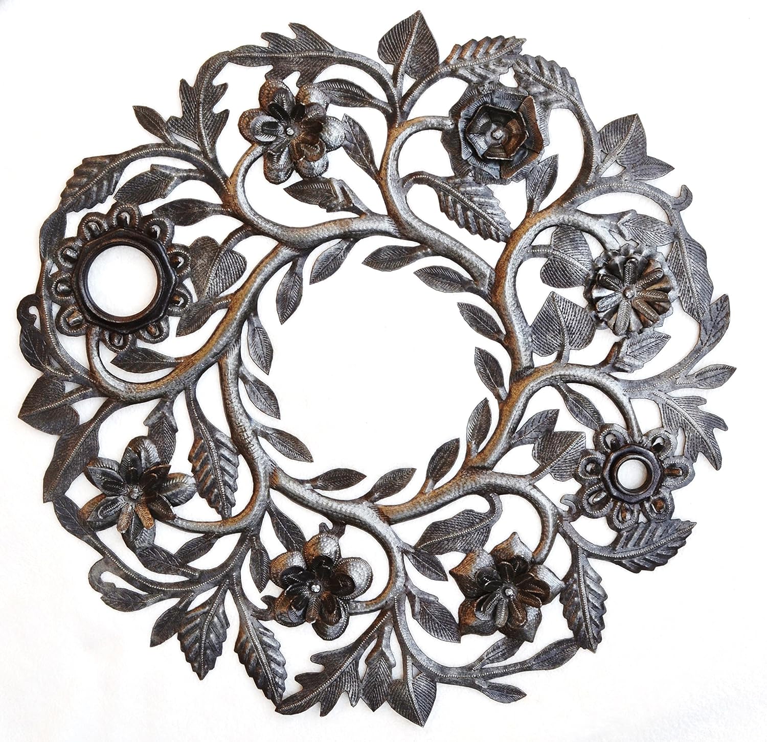 Haitian Metal Wall Art Handcrafted Garden Sculpture Hanging Lid Floral Wreath