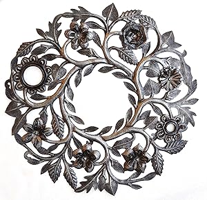 Haitian Metal Wall Art Handcrafted Garden Sculpture Hanging Lid Floral Wreath
